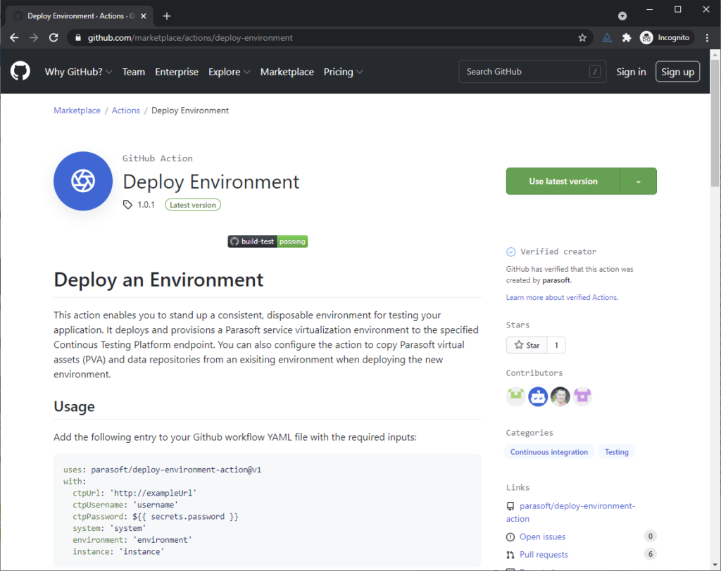 Capture d'écran pour l'environnement de déploiement GitHub.