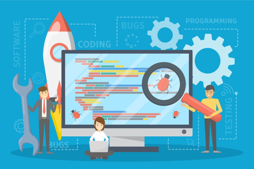 Infographic demonstrating CI/CD pipline showing a large monitor with code and 3 (literal) bugs on it. Woman in foreground with laptop testing. Two guys on each side of the monitor holding tools.