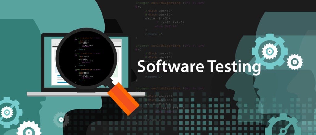 Magnifying glass over a monitor with source code script to find bugs. Software testing.