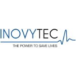 Logo for Inovytec. INOVY in blue. TEC in black. Straight blue line underneath company that extends and goes up and down like on a life support machine. Tagline underneath: The power to save lives.