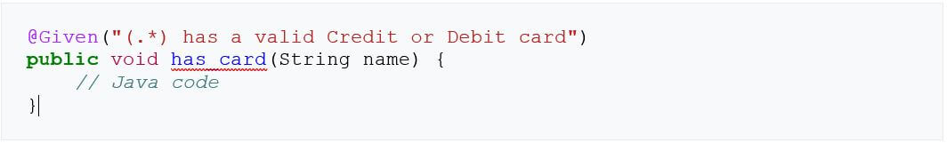 Imagen de código para una definición de paso que comienza con @Given