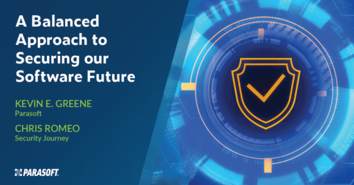 On right image of a shield with checkmark overlayed on binary code, indicating something is secure. To left is white text on blue background: A Balanced Approach to Securing our Software Future.