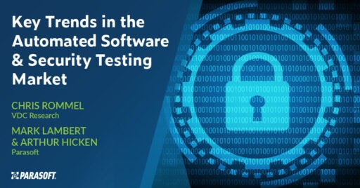 Image on right shows closed lock with binary code overlay. To left is white text on blue background: Key Trends in the Automated Software & Security Testing Market.