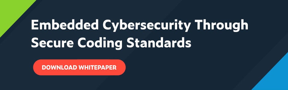 Text in white font on dark blue background: Embedded Cybersecurity Through Secure Coding Standards. Red button with white font underneath title: Download Whitepaper.