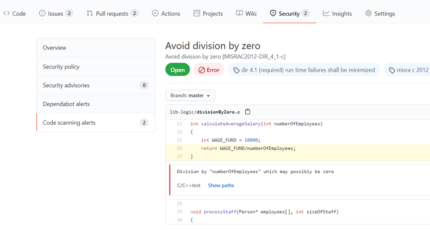 Bildschirmaufnahme GitHub-Workflow, der statische Analyseergebnisse für C / C ++ - Tests enthält, die auf der Registerkarte "Sicherheit" als "Code-Scan-Warnungen" verfügbar sind.