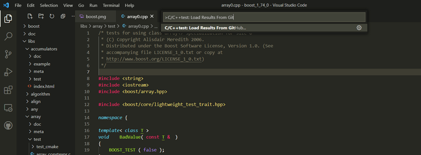 Capture d'écran de l'extension améliorée du plugin de code Visual Studio montrant les résultats de charge de test C / C ++ à partir de GitHub