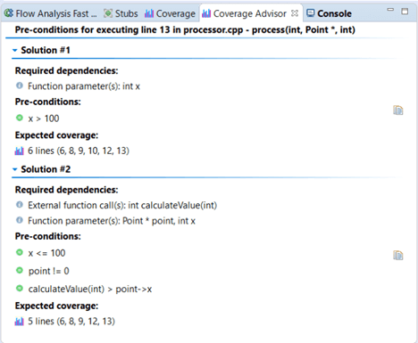 Screen capture of Parasoft C/C++test showing the Coverage Advisor tab with Required dependencies, Preconditions, Expected coverage.