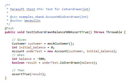 capture d'écran du code pour un cas de test unitaire bien écrit