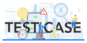 infographie montrant deux personnes écrivant un cas de test au milieu du code et des images liées à l'ordinateur