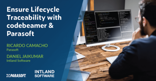 Image on right showing developer reviewing code on computer screen. To left is white text on blue background: Ensure Lifecycle Traceability with codebeamer & Parasoft