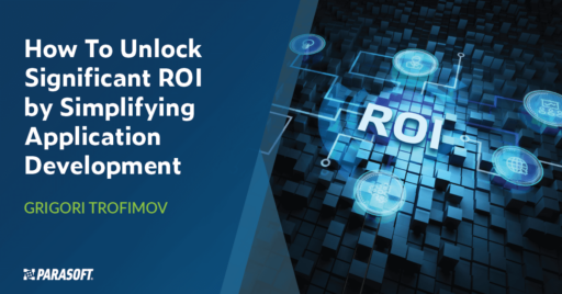 Image on right showing textured background with connected devices overlay and text reading "ROI" in the middle. To left is white text on blue background: How to Unlock Significant ROI by Simplifying Application Development.