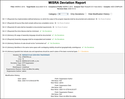 Screenshot des MISRA Abweichungsberichts mit Parasoft C/C++test als Analysewerkzeug. Der Bericht listet jede Regel und den Status von Keine Regeln aktiviert, Keine Abweichungen oder Abweichungen auf. Bietet für diejenigen mit Abweichungen Details wie Regel-ID, Abweichungstyp und Änderungshistorie.