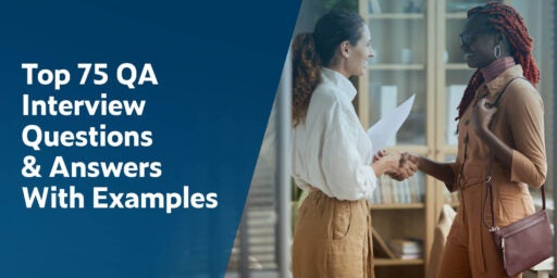 On left is blue background with white text: Top 75 QA Interview Questions & Answers With Examples; on right is photo of a female QA manager shaking hands with QA tester candidate.