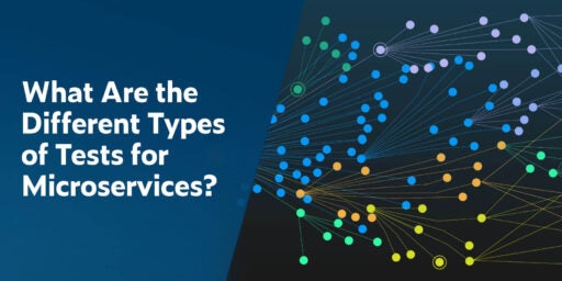 Text links in weißer Schrift auf dunkelblauem Hintergrund: Was sind die verschiedenen Arten von Tests für Microservices? Auf dem rechten Bild sind verschiedenfarbige Punkte (grün, blau, lila, orange, gelb) durch dünne farbige Linien verbunden, die Microservices darstellen.