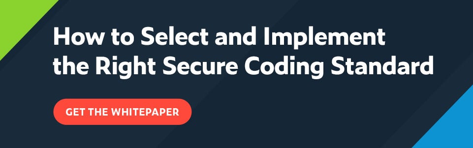 White text on navy background: How to Select and Implement the Right Secure Coding Standard with red button below that says Get the Whitepaper.