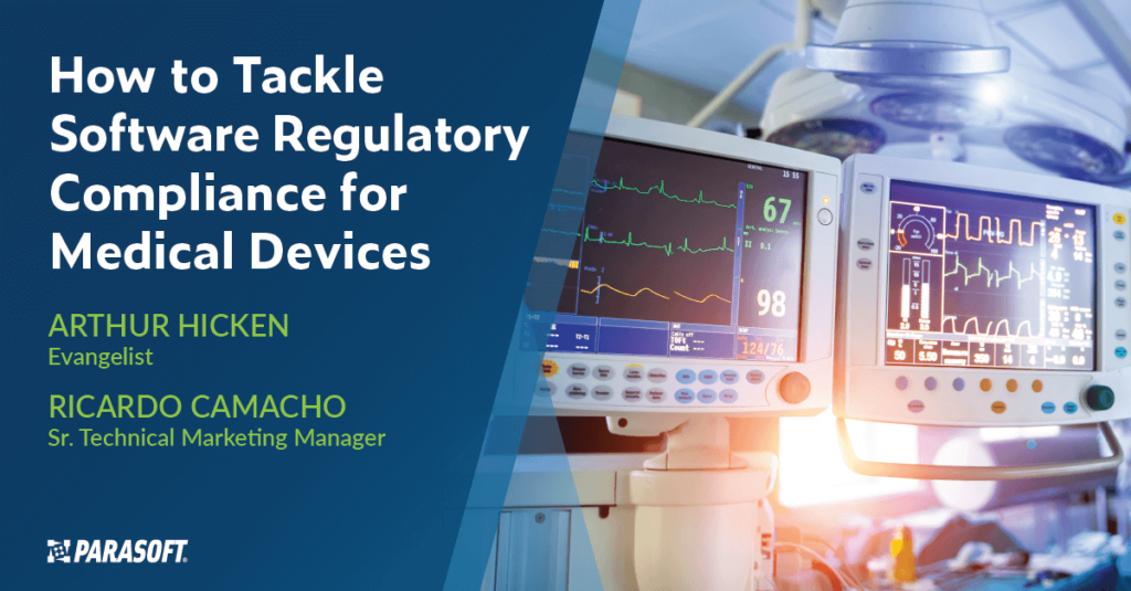 How to Tackle Software Regulatory Compliance for Medical Devices mit dem Bild von zwei medizinischen Monitorbildschirmen rechts