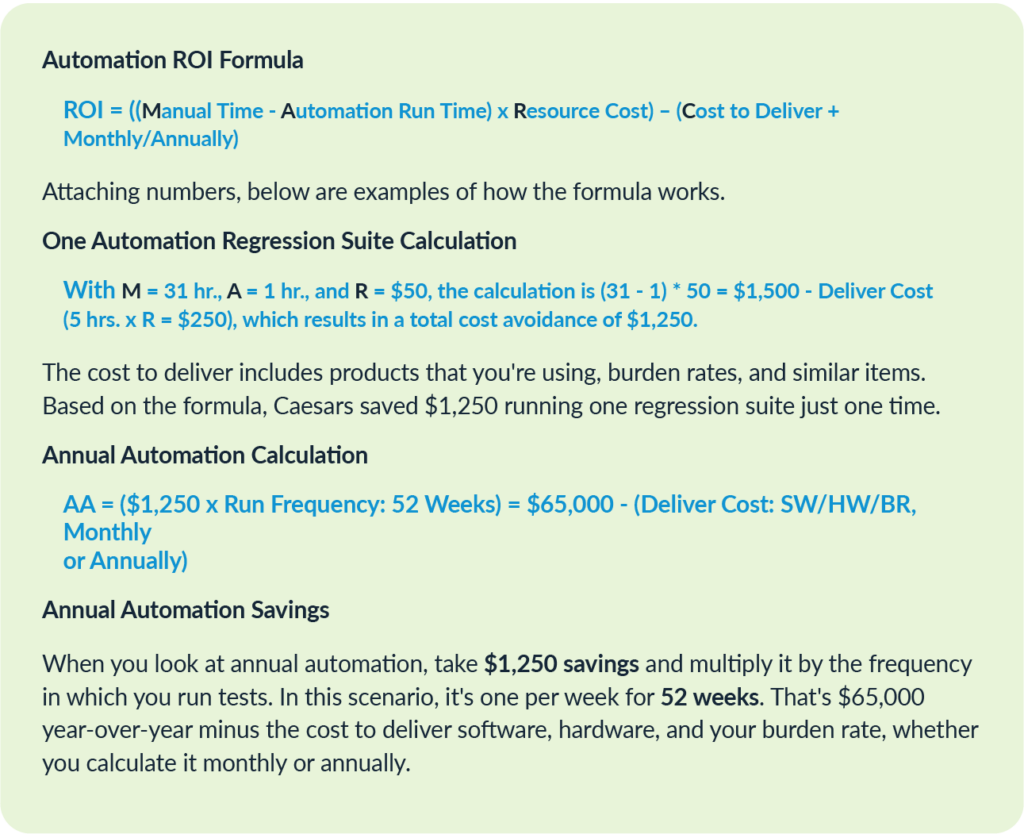 Fórmula de ROI de automatización: ROI = ((tiempo manual - tiempo de ejecución de automatización) x costo de recursos) - (costo de entrega + mensual / anual)