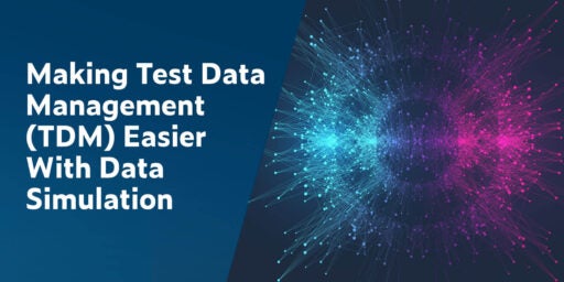 Texto a la izquierda en fuente blanca sobre fondo azul oscuro: Facilitar la gestión de datos de prueba (TDM) con la simulación de datos. A la derecha hay un resumen de los datos de prueba que se muestran como haces de luz que explotan desde una bola central como si fueran fuegos artificiales. El color de la izquierda comienza como un azul aguamarina brillante que pasa a púrpura en el centro y rosa fuerte a la derecha.