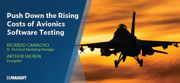 Push Down the Rising Costs of Avionics Software Testing and Image of fighter jet flying at sunrise on the right