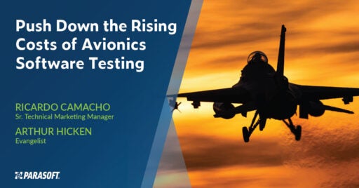 Push Down the Rising Costs of Avionics Software Testing and Image of fighter jet flying at sunrise on the right