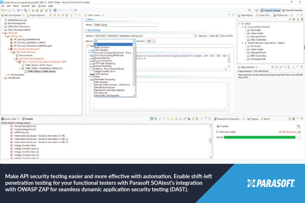 Capture d'écran de Parasoft SOAtest avec la légende ci-dessous : Rendez les tests de sécurité des API plus faciles et plus efficaces grâce à l'automatisation. Activez les tests de pénétration décalés vers la gauche pour vos testeurs fonctionnels avec l'intégration de Parasoft SOAtest avec OWASP ZAP pour des tests dynamiques de sécurité des applications (DAST) transparents.