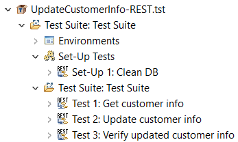 Captura de pantalla del escenario SOAtest de Parasoft con 3 llamadas API diferentes.