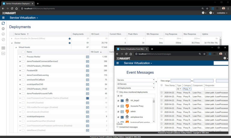 Captura de pantalla de las implementaciones de virtualización de servicios de Parasoft y notificaciones de eventos.
