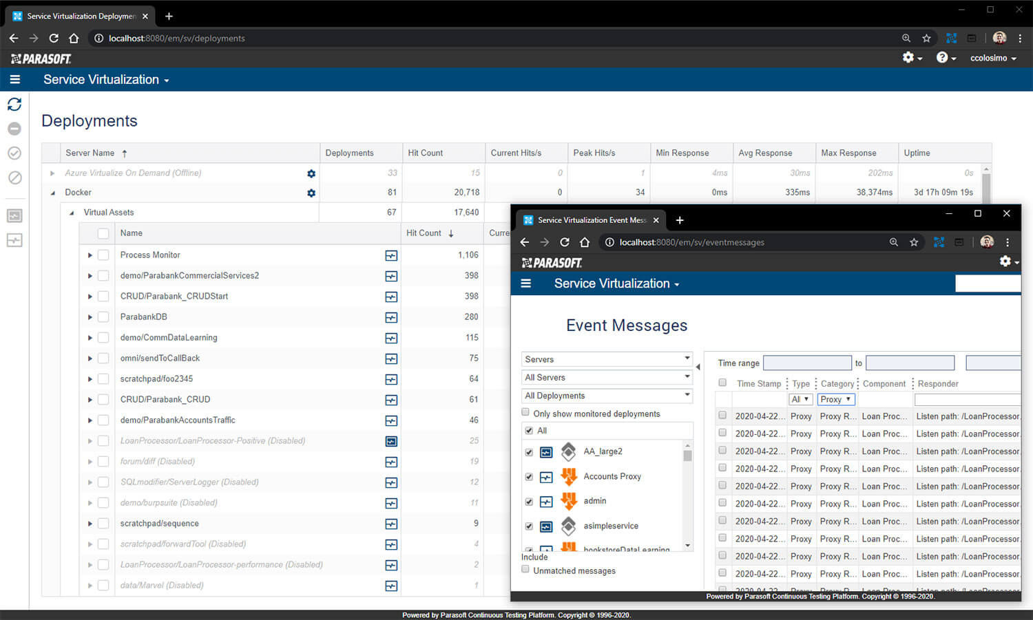 Capture d'écran des notifications d'événements et de déploiements de virtualisation de service Parasoft.