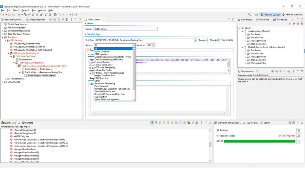 Capture d'écran des tests de sécurité de l'API Parasoft SOAtest