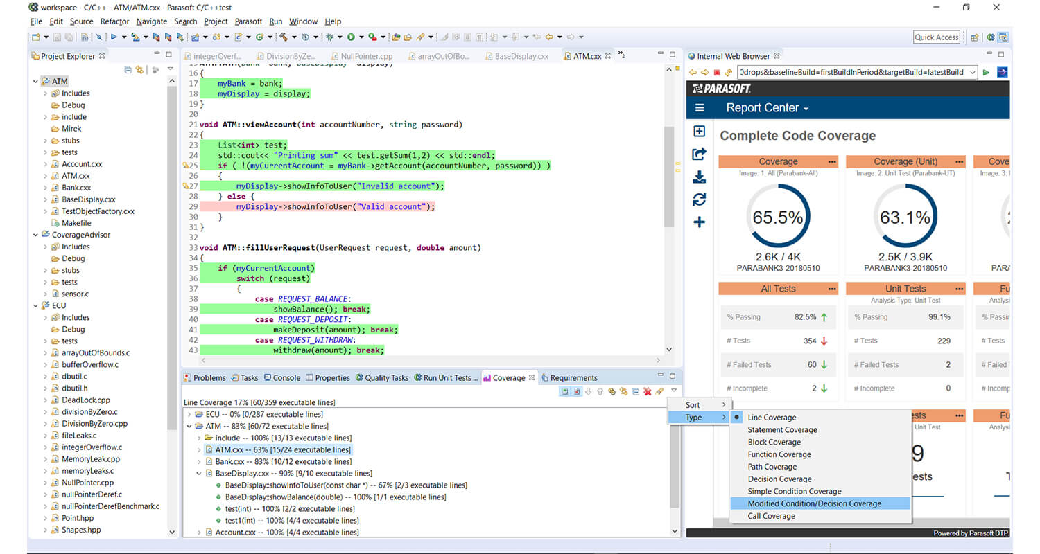 Capture d'écran du tableau de bord de couverture complète du code de Parasoft Report Center.