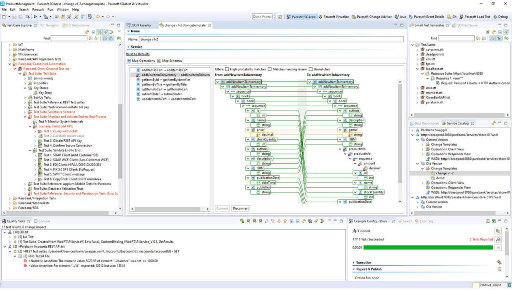 Screenshot von Parasoft SOAtest und Virtualize API-Tests.