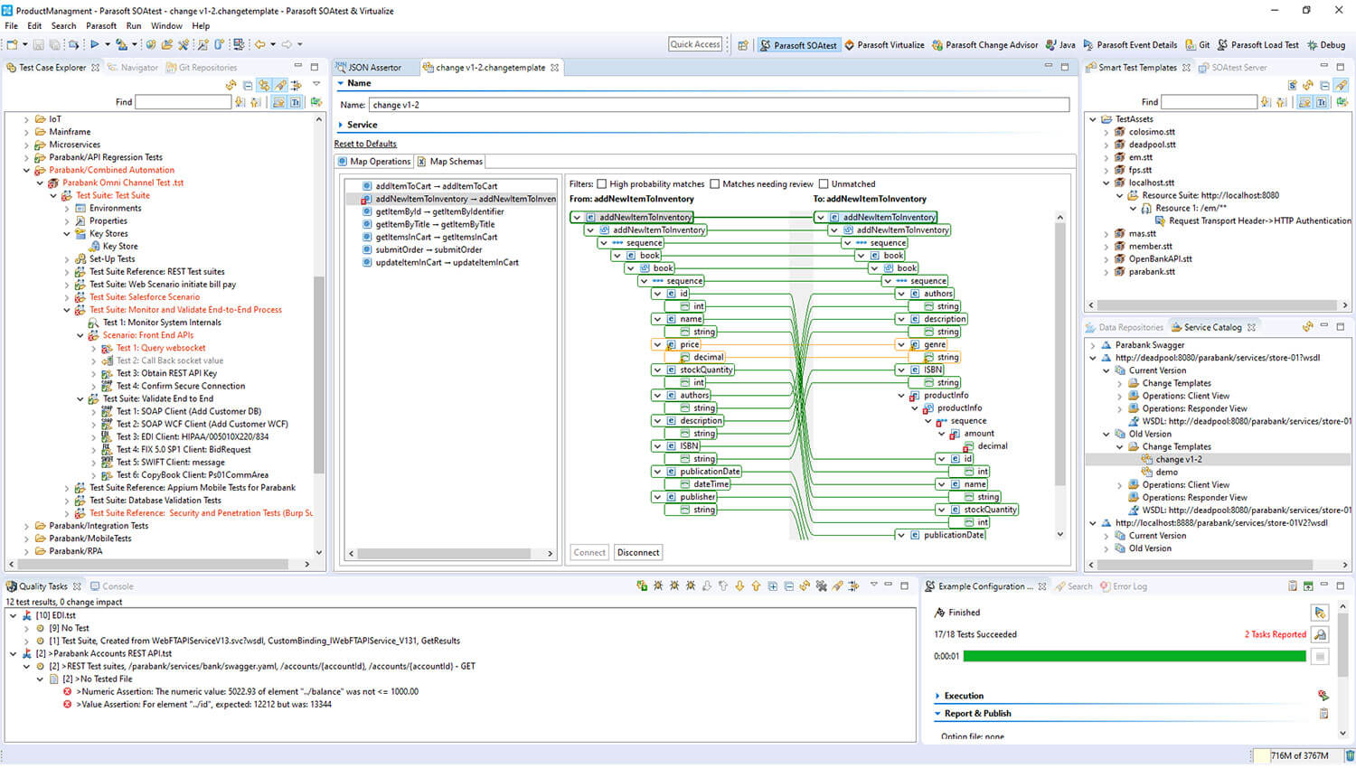 Capture d'écran des tests Parasoft SOAtest et Virtualize API.