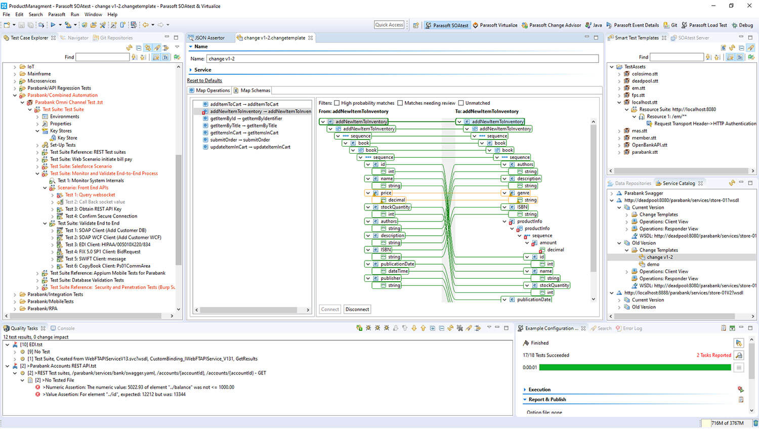 Screenshot von Parasoft SOAtest und Virtualize API-Tests.