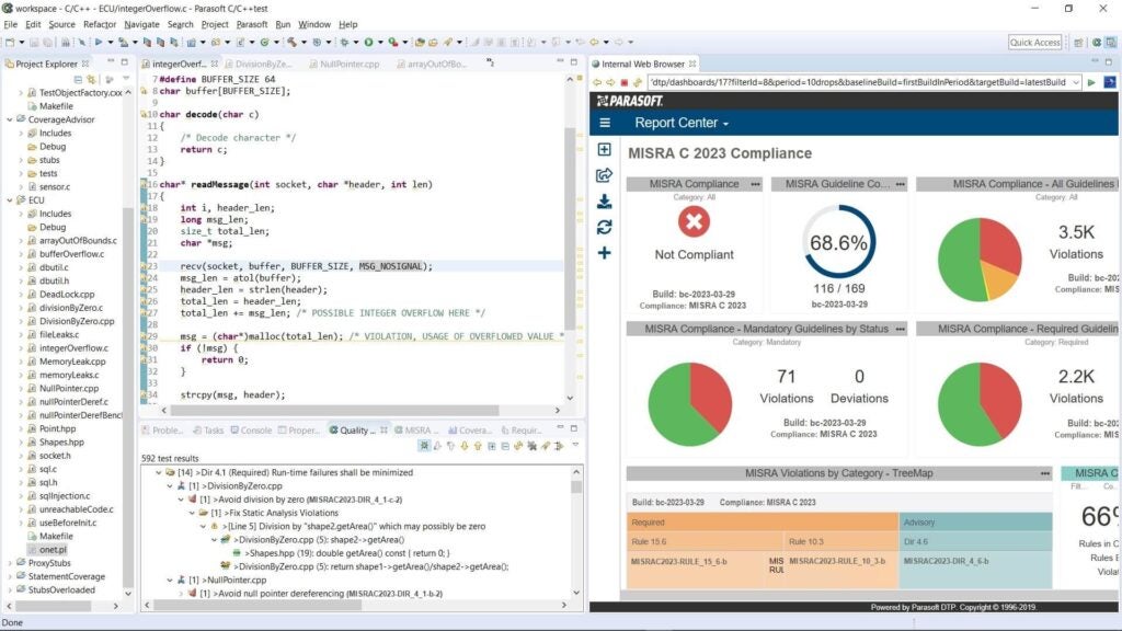 Captura de pantalla de la prueba Parasoft C / C ++ y el Centro de informes de DTP que muestra el cumplimiento de MISRA C 2012