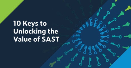 White text with navy background on left: 10 Keys to Unlocking the Value of SAST. On right is image of blue antique keys in a circle inside another layer of aqua-colored, less antique keys within another bigger circle of modern-looking green keys and and so on.