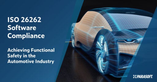Text on left in white font on dark blue background: ISO 26262 Software Compliance: Achieving Functional Safety in the Automotive Industry. On right is an image of a of a sleek 2-door car overlaid with a glossy blue square pattern.