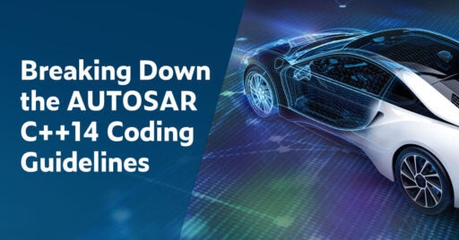 Texto a la izquierda en fuente blanca sobre fondo azul oscuro: Desglose de las pautas de codificación AUTOSAR C++14. A la derecha hay una imagen de un elegante auto deportivo. La parte posterior es gris y el frente se muestra transparente para reflejar los sistemas de software incorporados.