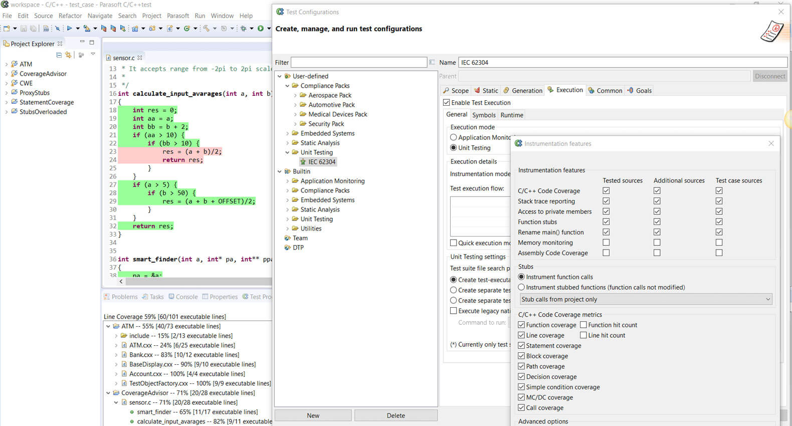 Captura de pantalla de Parasoft C/C++test Coverage Advisor que muestra el porcentaje de cobertura de línea y más.