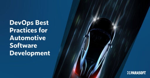 White text on left on navy background: DevOps Best Practices for Automotive Software Development. On right is an overhead image of a sleek black car zooming on a dark road.