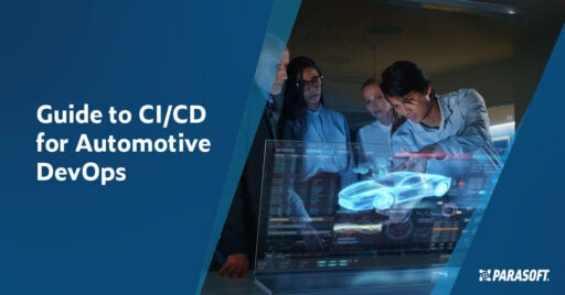 Text links in weißer Schrift auf dunkelblauem Hintergrund: Guide to CI/CD for Automotive DevOps. Rechts ist ein Lifestyle-Foto eines DevOps-Teams zu sehen, das auf einen transparenten Monitor schaut