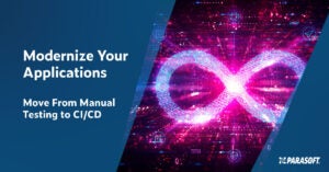 Text on left in white font on dark blue background: Modernize Your Applications: Move From Manual Testing to CI/CD. On the right is an image of a glowing hot pink infinity logo.