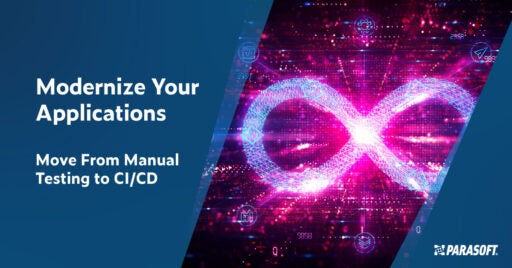 Texte à gauche en caractères blancs sur fond bleu foncé : Modernisez vos applications : passez des tests manuels au CI/CD. Sur la droite se trouve une image d'un logo infini rose vif brillant.