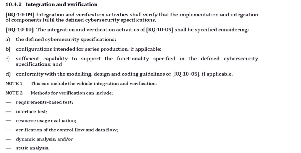 Excerpt from ISO 21434, section 10.4.2 Integration and verification