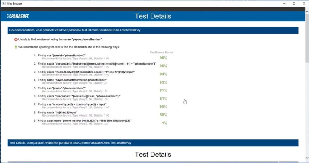 Capture d'écran montrant la liste Parasoft Selenic des erreurs d'exécution détectées.