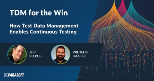 TDM for the Win: How Test Data Management Enables Continuous Testing webinar title with speaker headshots and abstract graphic on right