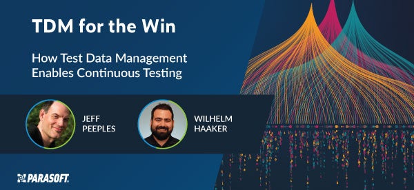 TDM for the Win: Wie Testdatenmanagement kontinuierliches Testen ermöglicht, Titel des Webinars mit Porträtfotos der Sprecher und abstrakter Grafik auf der rechten Seite