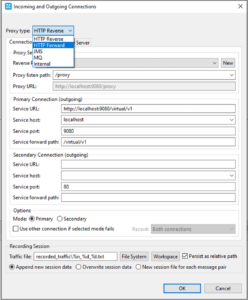 Captura de pantalla de conexiones entrantes y salientes con opciones desplegables de tipo proxy que incluyen: HTTP inverso, HTTP directo, JMS, MQ, interno.