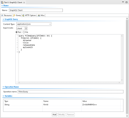 Captura de pantalla de GraphQL Client y Query