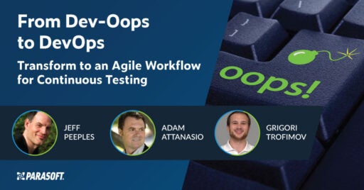 De Dev-Oops a DevOps: Transfórmese a un flujo de trabajo ágil para pruebas continuas Título del seminario web con un gráfico del botón Intro en el teclado que dice Oops