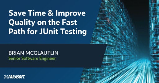 Ahorre tiempo y mejore la calidad en el título del seminario web Fast Path for JUnit Testing a la izquierda con un gráfico abstracto a la derecha